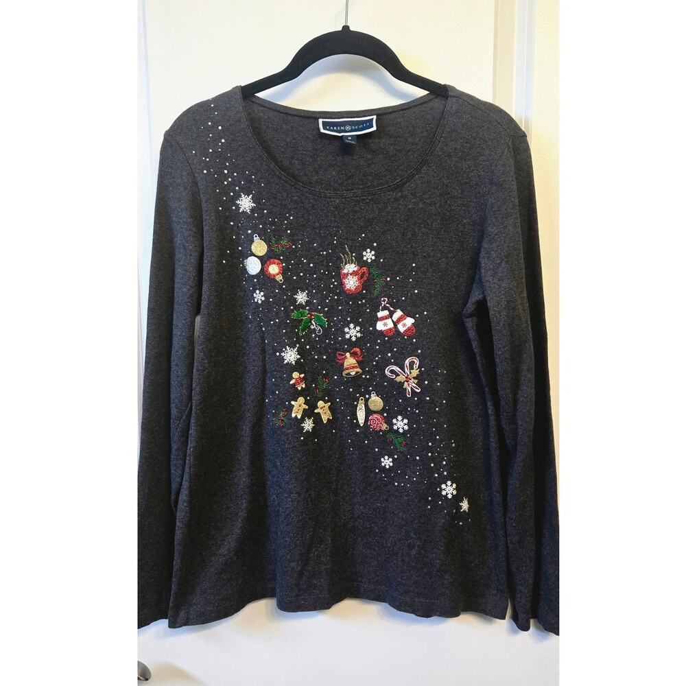 Karen Scott Christmas Top Womens M Gray Long Sleeve Bling Embroidered Sequin Tee